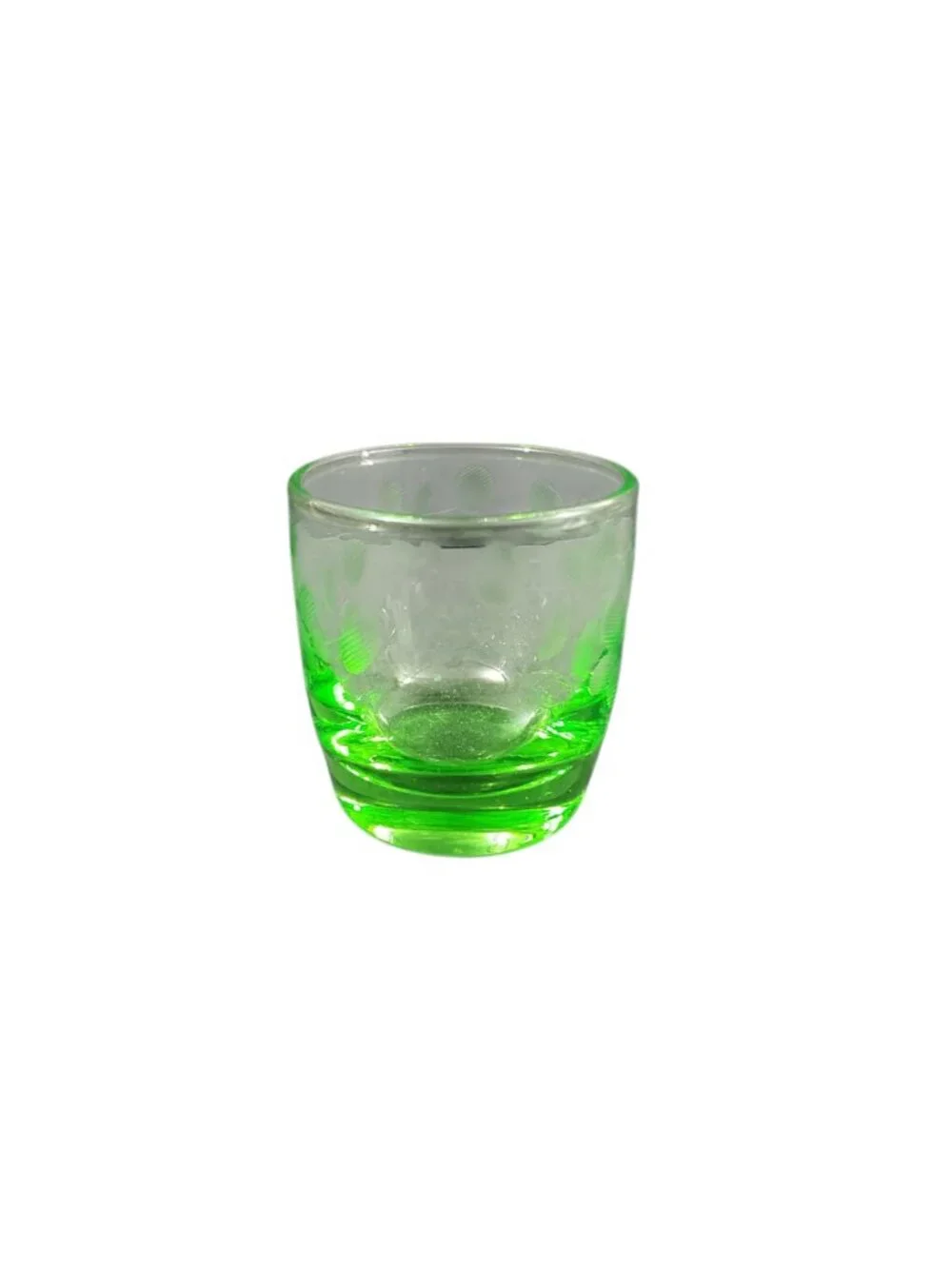 Vintage Uranium Vaseline Wheel Cut Etched Shot Glass Glows 2